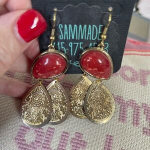 BoHo Gold and Orange Red Dangle Earrings